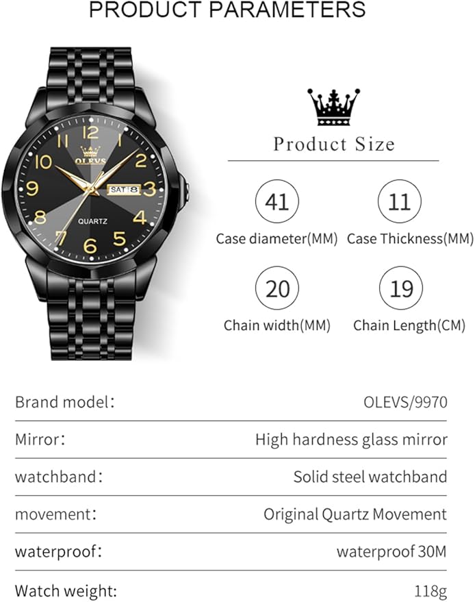OLEVS Watch for Men Luxury Dress Analog Quartz Stainless Steel Waterproof Luminous Date Diamond Business Two Tone Casual Wrist Watch