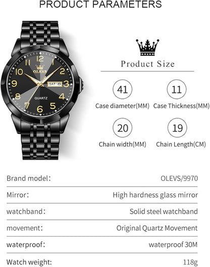 OLEVS Watch for Men Luxury Dress Analog Quartz Stainless Steel Waterproof Luminous Date Diamond Business Two Tone Casual Wrist Watch