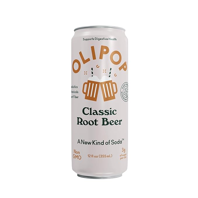 OLIPOP Prebiotic Soda Pop, Classic Root Beer, Pantry Pack Packed with Prebiotics, Fiber, and Botanicals, Gluten Free, Vegan, GMO Free, 12oz Skinny (12-Cans)