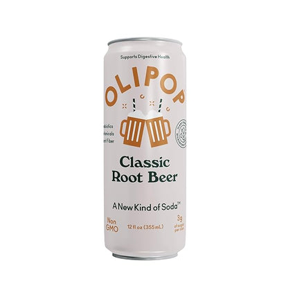 OLIPOP Prebiotic Soda Pop, Classic Root Beer, Pantry Pack Packed with Prebiotics, Fiber, and Botanicals, Gluten Free, Vegan, GMO Free, 12oz Skinny (12-Cans)