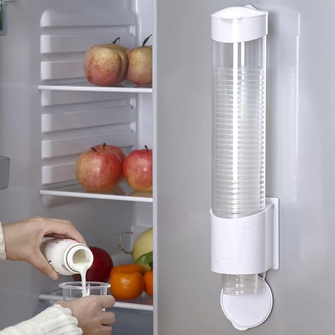 Cup Dispenser, Water Cooler Pull Type Cup Holder Fits 5oz - 7oz Cone or Flat Bottom Cups, Paste or Screw Plate Wall Mount, 15" Tube Length White