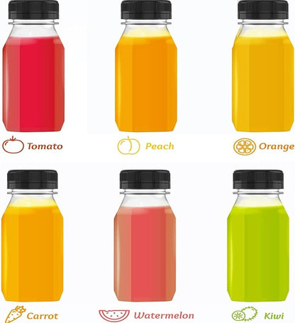 10 Pcs 4 Ounce Plastic Juice Bottle Drink Containers Juicing Bottles with Black Lids, Suitable for Juice, Smoothies, Milk and Homemade Beverages, 120 mL
