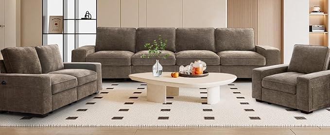 TEKAMON 128" Modular Sofa Couch with Seat Storage, Chenille Sofa，Modern Comfy 4-Seater Couch for Living Room, Office, Apart W/Deep Seat, Wide Armrest, USB, Pockets, Removable Covers (Brown)