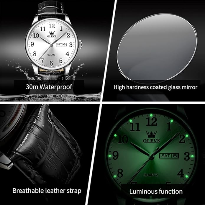 OLEVS Mens Watches Vintage Leather Band Dress Classic Easy Reader Arabic Numerals Analog Quartz Waterproof Date and Day Blue/Black/White Large Face Men's Wrist Watches