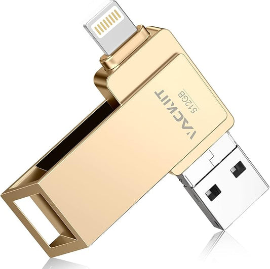 MFi Certified 512GB Flash Drives 3.0 High Speed 3ni1 USB Stick External Storage for iPhone/PC/iPad/Android/More Devices for Photos and Videos Transfer Storage Backup(512-Gold)