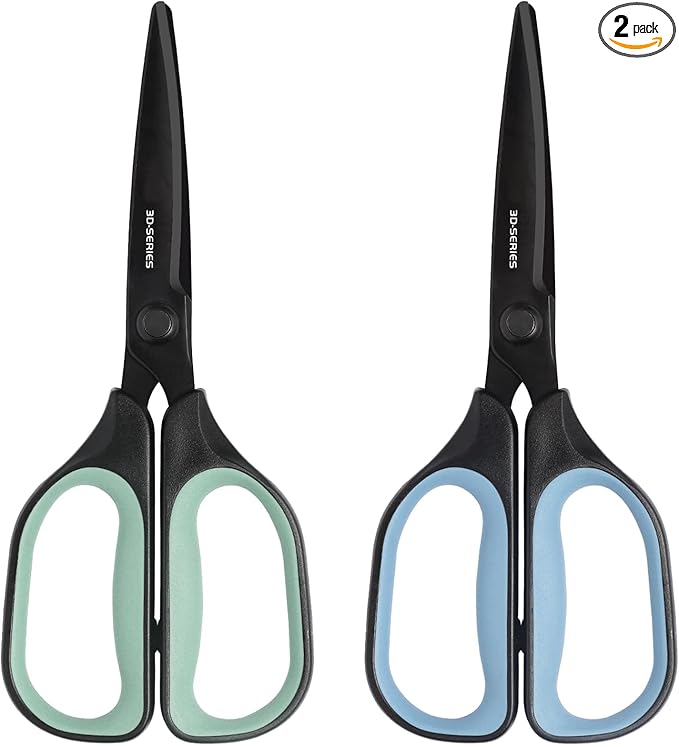 All Purpose Scissors - Comfort Grip, 3D Curved Cutting Edge, Stainless Steel Office Scissors for Sewing Fabric Home Craft School Supplies, 2-Pack (Blue, Green)