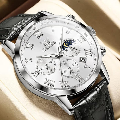 OLEVS Men's Leather Analog Quartz Watch - Luxury Chronograph Wristwatch With Date, Waterproof, Luminous - Dress Style