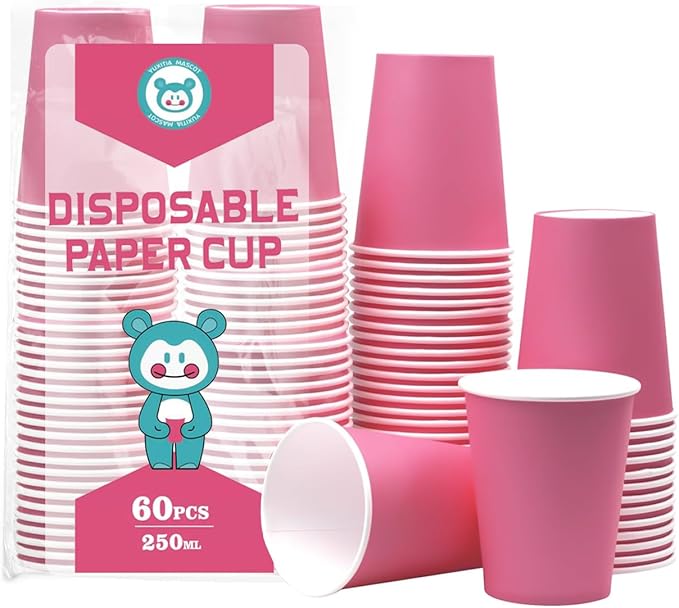Disposable Paper Cups, 60pcs Pink Paper Cups For DIY Wedding Party Picnic BBQ Travel and Event 8oz (Pink)