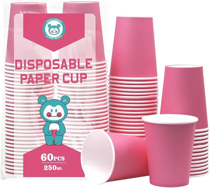 Disposable Paper Cups, 60pcs Pink Paper Cups For DIY Wedding Party Picnic BBQ Travel and Event 8oz (Pink)