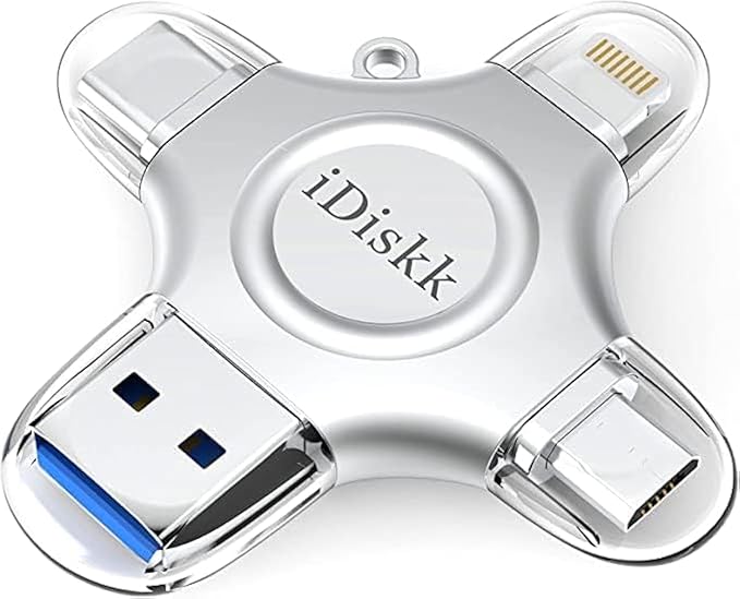 MFi Certified iDiskk 128GB Flash Drive for iPhone 17 16 iPad USB 3.0 Lightning Drive 4 in 1 Multi Functional External Storage for iOS and Android Samsung Phones Type c Devices and MacBook Photo Drive