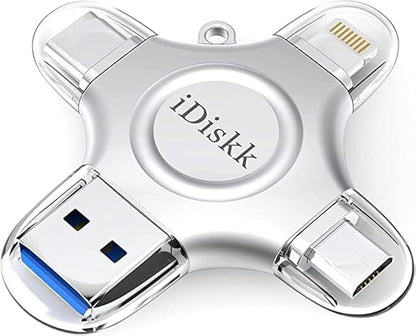 MFi Certified iDiskk 128GB Flash Drive for iPhone 17 16 iPad USB 3.0 Lightning Drive 4 in 1 Multi Functional External Storage for iOS and Android Samsung Phones Type c Devices and MacBook Photo Drive