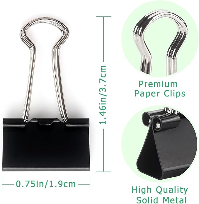 ZZTX Black Binder Clips Paper Clamps Clips Small Size, 0.75 Inches, 36 Pack