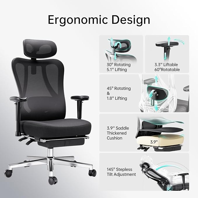 Hbada P3 Ergonnomic Office Chair with 2D Adjustable Lumbar Support, Office Chair with Adjustable Headrest and Armrest, 145° Stepless Tilt Function, Black(with Footrest)