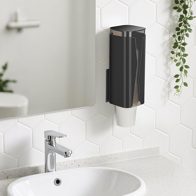 Cup Dispenser, Wall Mounted Mouthwash Cup Dispenser Fit 3oz-5oz Disposable Cups, Pull Type Water Cooler Cup Holder for Bathroom Office Gym School -Black
