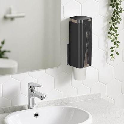 Cup Dispenser, Wall Mounted Mouthwash Cup Dispenser Fit 3oz-5oz Disposable Cups, Pull Type Water Cooler Cup Holder for Bathroom Office Gym School -Black