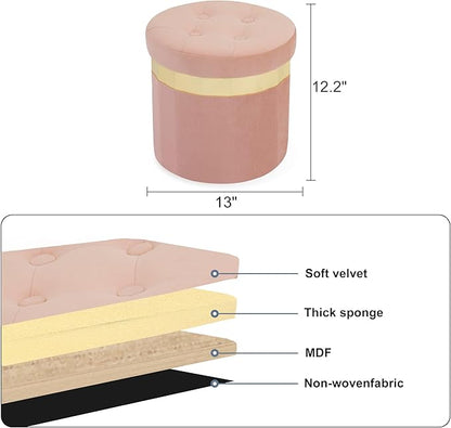 Small Ottoman with Storage,Folding Round Ottoman with Gold Trim,Velvet Storage Stool,Foot Stool with Soft Padded,Foot Rest for Living Room13“x13”x12.4(Pink,1pcs)