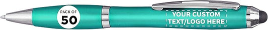 DISCOUNT PROMOS Custom Plastic Stylus Pens Set of 50, Personalized Bulk Pack - Black Ink, Great for Office, School, Business, Tradeshows, Events - Teal