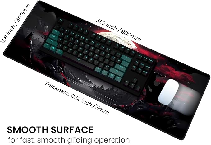 MAY FLOWER Large Gaming Mouse Pad, Full Keyboard Mat, Long Laptop Mousepad, Computer Mouse Mat for Home and Office, Anti-Slip Rubber Base, 31.5 x 11.8 Inches (Dark Red Moon)