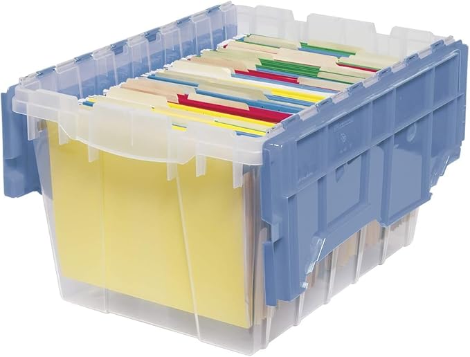 Akro-Mils KeepBox 12 Gallon Storage Container, Nesting and Stackable Plastic Storage Box with Lid Attached and Rails for Letter Size Hanging File Folders, 21" x 15" x 12", Clear/Blue, 6-Pack