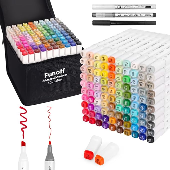 Funoff Alcohol Markers, 100 Colors Fine & Chisel Dual Tip Art Markers, Permanent Sketch Marker for Adult Coloring, Drawing, Sketching, Illustration