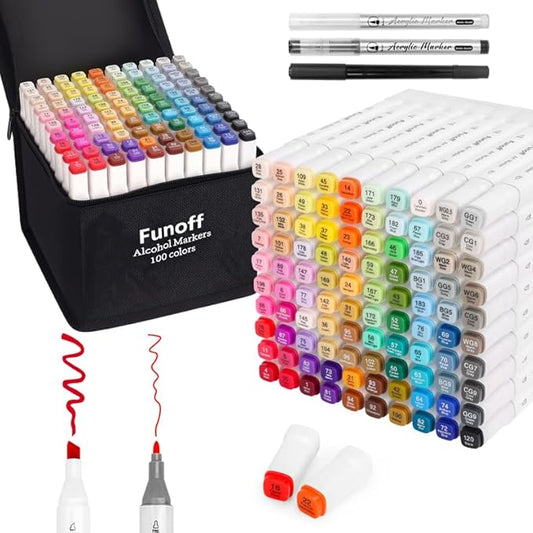 Funoff Alcohol Markers, 100 Colors Fine & Chisel Dual Tip Art Markers, Permanent Sketch Marker for Adult Coloring, Drawing, Sketching, Illustration