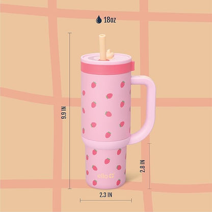 Ello Oasis 18oz Stainless Steel Kids Tumbler with Handle & Retracting Straw, 100% Leakproof, Double-Wall Vacuum Insulated, Kids Water Bottle for School, BPA Free + Dishwasher Safe, Strawberries