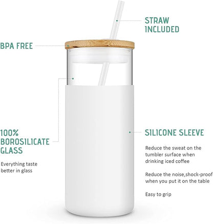 Tronco 20 oz Glass Tumbler with Lid and Straw, Iced Coffee Cup and Smoothie Cup with Bamboo Lids & Protective Silicone Sleeve, Dishwasher Safe, BPA-Free, Glass Cup 2 Pack