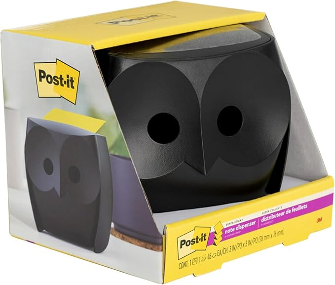 Post-it Owl Note Dispenser, Includes 1 Pad of Post-it 3 in X 3 in Super Sticky Dispenser Pop-up Notes, 45 Sheets (OWL-330-BK) (Pack of 6)