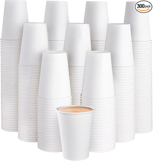 JOLLY PARTY 300 Pack 12 oz Disposable Paper Coffee Cup, Hot/Cold Beverage Drinking Cups for Water, Paper Coffee Cups, White Hot Coffee Cups
