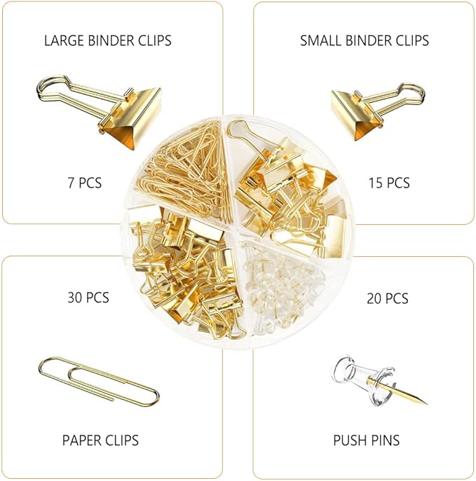 Gold Paper Binder and Clips Set, Metal Assorted Sized Binders with Push Pins, Cute Office Supplies, Teacher Desk Must Haves, Desk Accessories