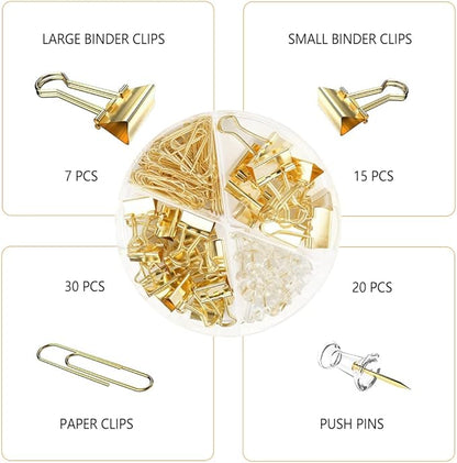 Gold Paper Binder and Clips Set, Metal Assorted Sized Binders with Push Pins, Cute Office Supplies, Teacher Desk Must Haves, Desk Accessories