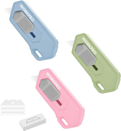 WORKPRO Ceramic Small Safety Box Cutter, Automatic Rebound Mini Letter Opener, Quick Change Retractable Blade Razor Knife, with Extra Blades