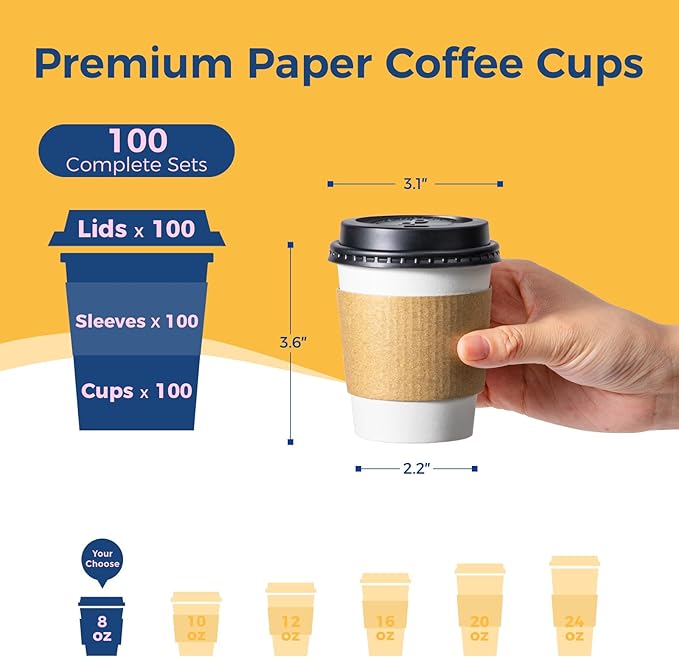 Fit Meal Prep 100 Pack 8 oz Disposable Coffee Cups with Lids, Sleeves, Leak-Proof To Go Coffee Cups with Lids, Durable Paper Cups for Hot Beverage, Home, Office, Party