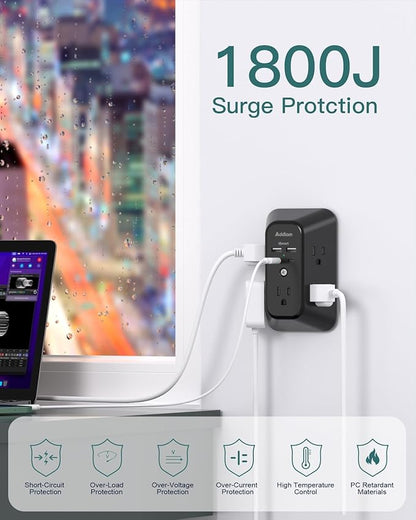 Surge Protector Outlet Extender, Addtam Multi Plug Wall Outlet with 4 USB Ports(2 USB-C), 3-Sided 1800J Power Strip Plug Extension Outlet Splitter, Black
