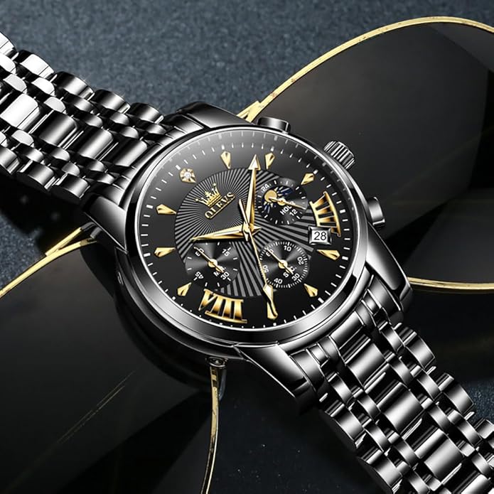 OLEVS Men's Luxury Watch Waterproof Luminous Easy Read Chronograph Watches Full Gold/White Dail/Black Face with Calendar Wristwatch