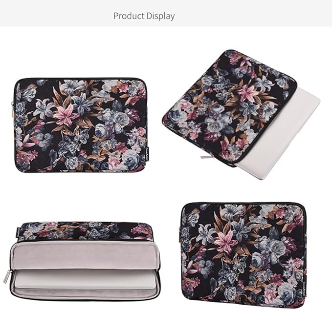 Laptop Sleeve 14 Inch,Waterproof Protective Notebook Case Briefcase Carrying Bag Compatible with MacBook,Acer,Asus, Dell,Lenovo,Microsoft,HP Laptop Cover (Black Flowers, 14 inch)