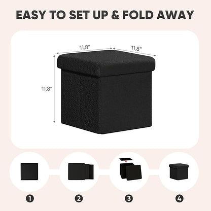 PINPLUS Storage Ottoman Cube Square Shaped Ottomans with Storage Foot Stool Footrest for Lving Room Boucle Ottoman Seat for Dorm Room,Faux Teddy Fur Black, 11.8"x11.8"x11.8"