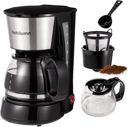4-5 Cups Drip Coffee Maker, Coffee Pot Machine Permanent Coffee Filter, Mini,20Oz Electric Coffee Maker,650W Black and Stainless Steel