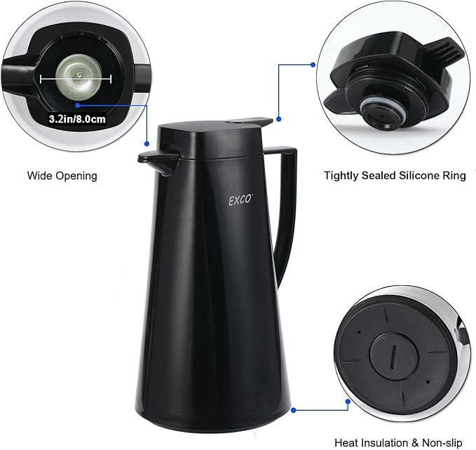 EXCO 1.0/1.6L 34/54Oz Thermal Coffee Carafe, Glass Lined Insulated for Keeping Hot, Vacuum Termos Coffee Tea Pot, Large Beverage Drink Container Dispensers, 12H Heat 24H Cold (Black, 34 Ounces)