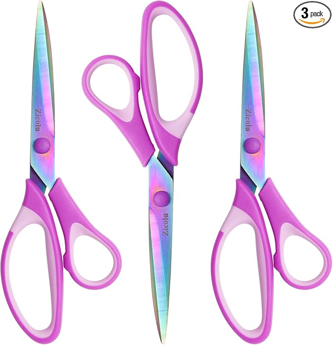 8.5" Scissors All Purpose, Multipurpose Office Scissors Set of 3 pack, sharp Titanium Coating Blade and Soft Comfort-Grip Sturdy Scissors for Fabric School Craft Sewing Home, Right/Left Handed, Purple