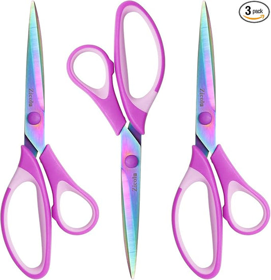 8.5" Scissors All Purpose, Multipurpose Office Scissors Set of 3 pack, sharp Titanium Coating Blade and Soft Comfort-Grip Sturdy Scissors for Fabric School Craft Sewing Home, Right/Left Handed, Purple