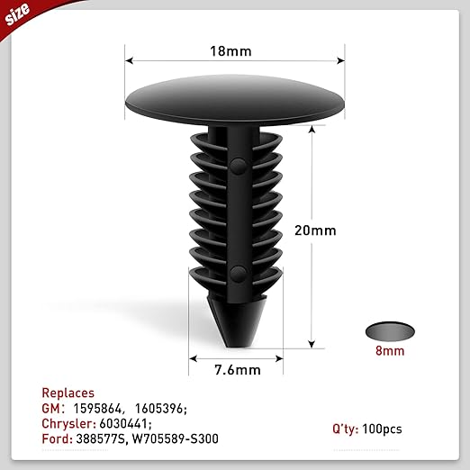 Nilight 100PCS Bumper Rivet Fender Clips for GM 1605396,1595864 for Chrysler 6030441 for Ford 388577S 7.5mm Hole