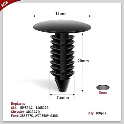 Nilight 100PCS Bumper Rivet Fender Clips for GM 1605396,1595864 for Chrysler 6030441 for Ford 388577S 7.5mm Hole