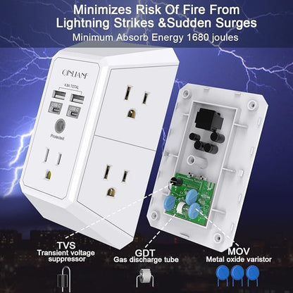 USB Wall Charger, Surge Protector, QINLIANF 5 Outlet Extender with 4 USB Charging Ports(2U2C) 3-Sided 1680J Power Strip Multi Plug Outlets Wall Adapter Spaced for Home Travel Office, White