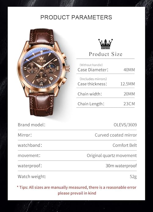 OLEVS Men's Leather Analog Quartz Watch - Luxury Chronograph Wristwatch With Date, Waterproof, Luminous - Dress Style