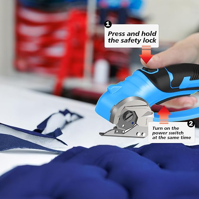 Cordless Electric Scissors, 4V Box Cutter & Cardboard Cutter with Upgrade Blade, LED Light, Safety Lock - Rechargeable Rotary Cutter for Fabric, Leather, Plastic, Crafting, Sewing, Industrial (Blue)