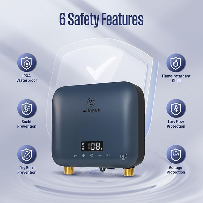 Westinghouse Apolo Mini 8kW Tankless Water Heater Electric, 240V Instant Hot Water, Smart WiFi Control, Compatible with Alexa & Google Home, Deep Blue