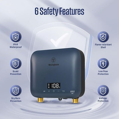 Westinghouse Apolo Mini 8kW Tankless Water Heater Electric, 240V Instant Hot Water, Smart WiFi Control, Compatible with Alexa & Google Home, Deep Blue