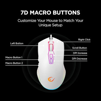 Rampage Spear V2 White Wired Gaming Mouse with RGB Lighting – 12800 DPI, 7 Programmable Buttons, Lightweight Ergonomic Gaming Mouse for PC/Mac/Laptop Gamers