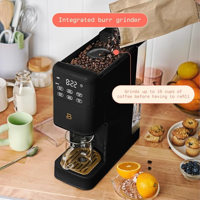 Beautiful Single Serve Coffee Maker with Built-In Burr Grinder, Hot or Iced, Pod-Free, 6 Brew Sizes, 3 Strengths, Touch Display, Reusable Filter, 64oz Reservoir, Slim Design (Black Sesame)
